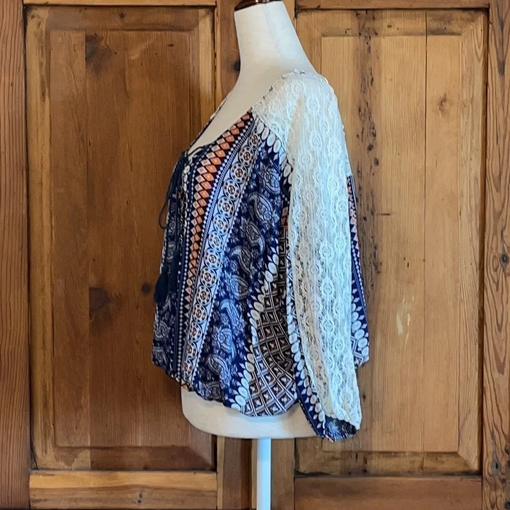 NWT Anthropologie HAZEL Blue & Orange Bohemian Style Blouse Sz. S
